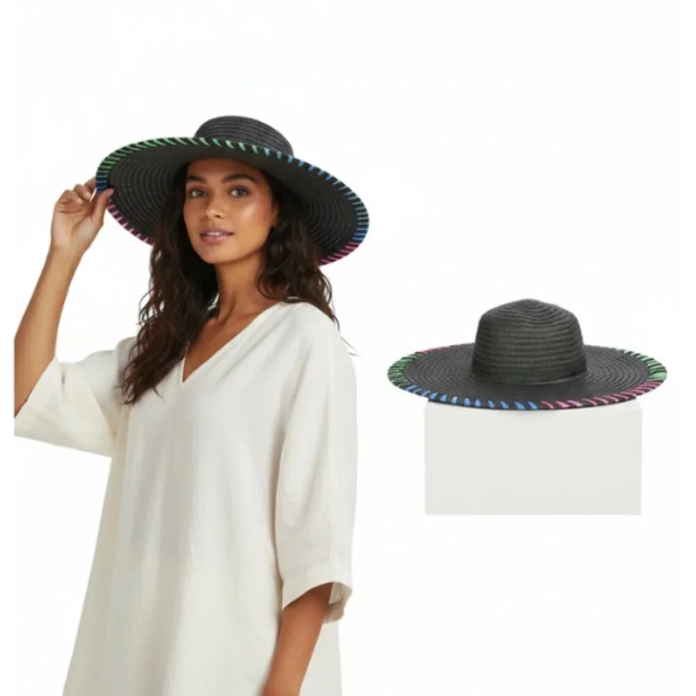 Time & Tru Women’s Black Straw Floppy Hat Whipstitch Wide Brim One Size